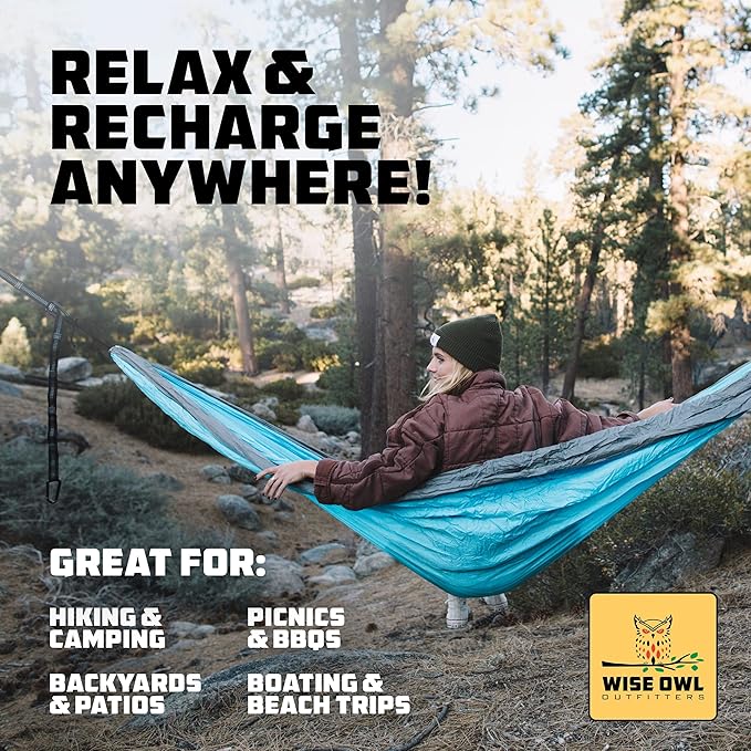 Wise Owl Outfitters Camping Hammocks Duo - Set of 2, Adults and Kids Hammock for Outdoor, Indoor, Single & Double Use w/Tree Straps - Camping Gear Essentials