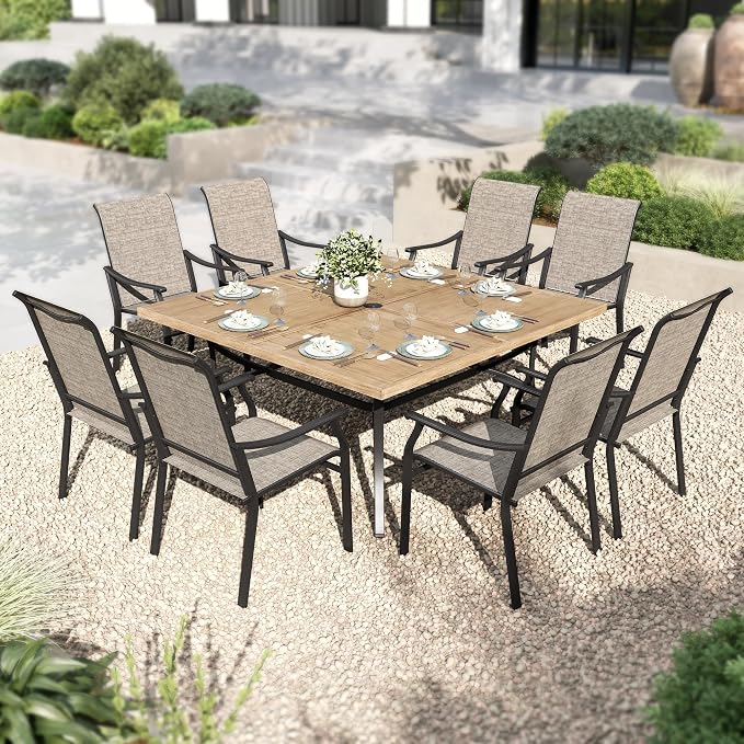 PHI VILLA 9 pcs Patio Dining Set,Heavy Duty Extra Large Square Metal Table with 1.9" Umbrella Hole, Wooden Like Table Top, 8 Textilene Dining Chairs, Breathable and Waterproof for Garden,Lawn
