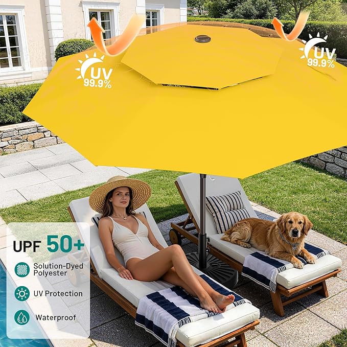 AreShark 12ft 2 Tiers Patio Umbrella - Outdoor Umbrella Waterproof UV Protection, Market Table Umbrella w/ 8 Sturdy Ribs&Crank for Pool, Porch, Garden(Yellow)