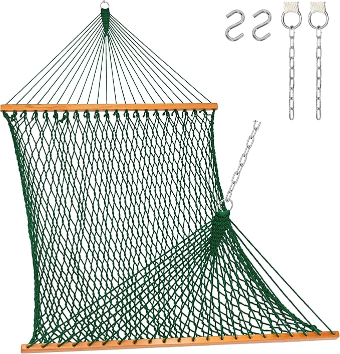 Lazy Daze Hammocks 12FT Double Rope Hammocks, 2 Person Hand Woven Cotton Hammock with Spreader Bar for Outside, Patio, Poolside, FIT 13-15 FT Stand, Max 450 Lbs, Green, 141 x 57 inches