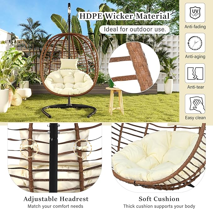 Folding Egg Chair, Outdoor Hanging Hammock Chair with Stand, Patio Wicker Hanging Chair with Iron Frame and Plush Cushion & Removable Headrest for Bedroom, Balcony, Garden (C-BrownBeige)