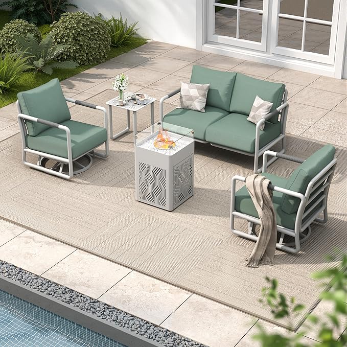 MBY Outdoor Aluminum Patio Furniture Set, 4-Seats Patio Conversation Sofa Set with 2 Swivel Rocking Chairs and 45,000 BTU Fire Pit Table w/Glass Wind Guard, All Weather for Pool, Garden-White