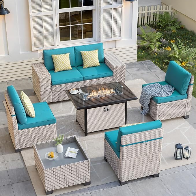 7-Piece Outdoor Patio Furniture Set with Fire Pit, Modular Sectional Sofa Set with Glass Coffee Table and Cushions, Wicker Outdoor Couch Conversation Sets, Turquoise