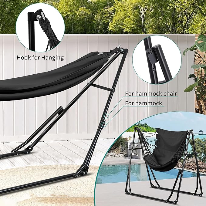 Ainfox Hammock with Foldable Stand, 2 in 1 Hammock and Swinging Chair with Carrying Bag, Portable Camping Chair Suitable for Outside, Swing,Patio,Garden,Camping Trip Black