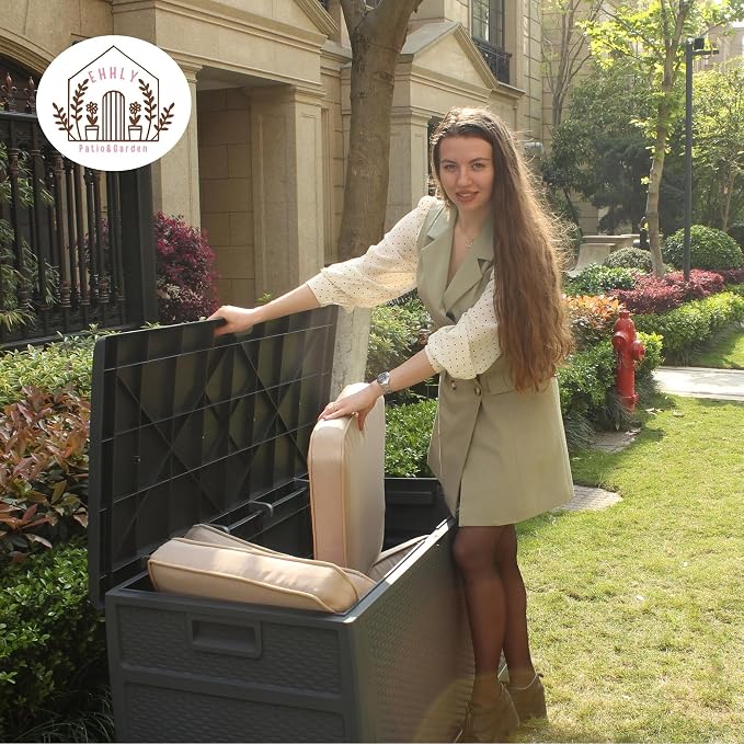 EHHLY 121 Gallon Outdoor Storage Box Large, Lockable Outside Storage Containers Waterproof Patio Cushions Deck Boxes, Rattan Plastic Garden Hose Boxes Resin Pool Storage Bins, Grey
