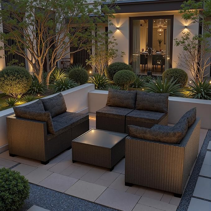 7 Piece Patio Furniture Set, All-Weather Water-Resistant Wicker Rattan Sectional Sofa, Modular Outdoor Conversation Set for Backyard, Garden, Poolside, Balcony
