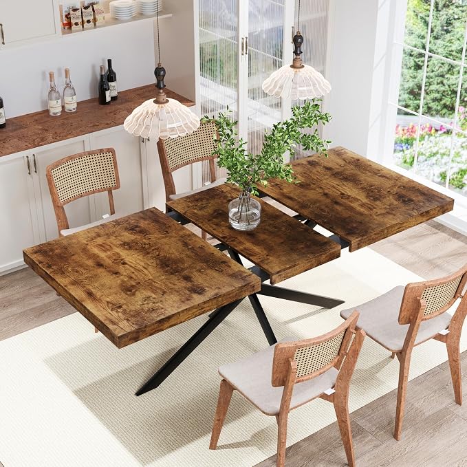 55.11" -70.86" Extendable Dining Room Table, Retro Folding Dining Tables for 4-6 People with Antique Wood Top/Black Fine Sand Cross Iron Foot Base/Storage Box, Brown