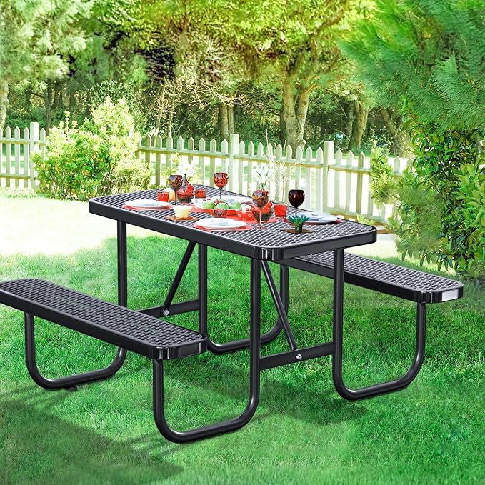 4FT Rectangular Outdoor Picnic Table with Attached Benches, Heavy-Duty Expanded Metal Mesh Patio Table, Commercial-Grade Outdoor Seating for Park, Backyard, Deck, Lawn, Black