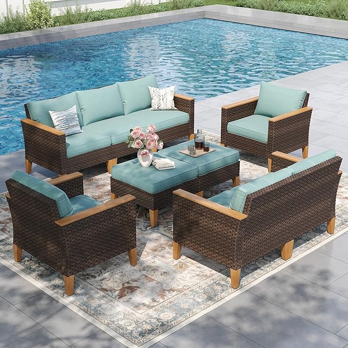 PHI VILLA 9-Piece Outdoor Wicker Furniture Set with 4-inch Thick Cushions, High Back Wicker Sofa for Deck, Yard, and Poolside in Blue (Loveseat Style)