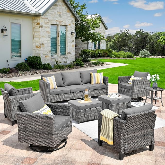 HOOOWOOO Wicker Patio Conversation Sets,8 Piece Outdoor Furniture Set with Swivel Rocking Chairs,All Weather Resistant Modern Outside Out Door Rattan Couch Chairs Side Table Set,Charcoal Gray