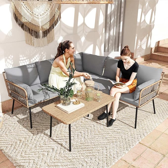 DWVO Patio Furniture Set, 4 Pieces Wicker Outdoor Conversation Set Sectional L-Shaped Sofa with 5 Seater for Backyard, Porch, Boho Detachable Lounger with Cushions and Side Table - Grey