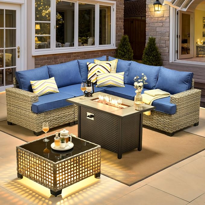 HOOOWOOO Sectional Patio Furniture Set with Fire Pit Table,7 Pieces Wicker Outdoor Furniture L Shaped Couch,Outside Conversation Set with Extra Deep Seat Sofa Wide Arm Solar Light Table,Denim Blue