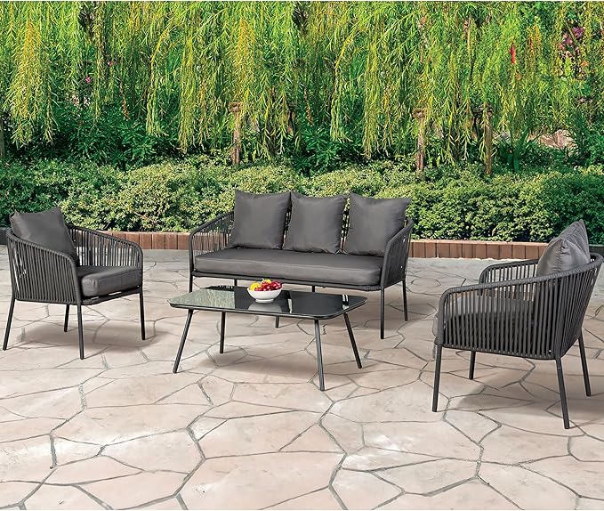 Furniture of America Serenade Metal 4-Piece Patio Conversation Set, Gloss Table Top, Chairs and Loveseat with Removable Cushions for Porch, Backyard, Lawn, Garden, Light Gray