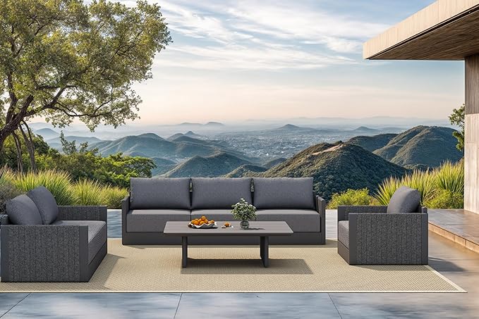 PURPLE LEAF Patio Furniture Set 7 Pieces Outdoor Conversation Sets PP Rope Patio Sofa with Cushions and Table Manual Weaving Deep Seating Furniture for Porch Lawn Gray
