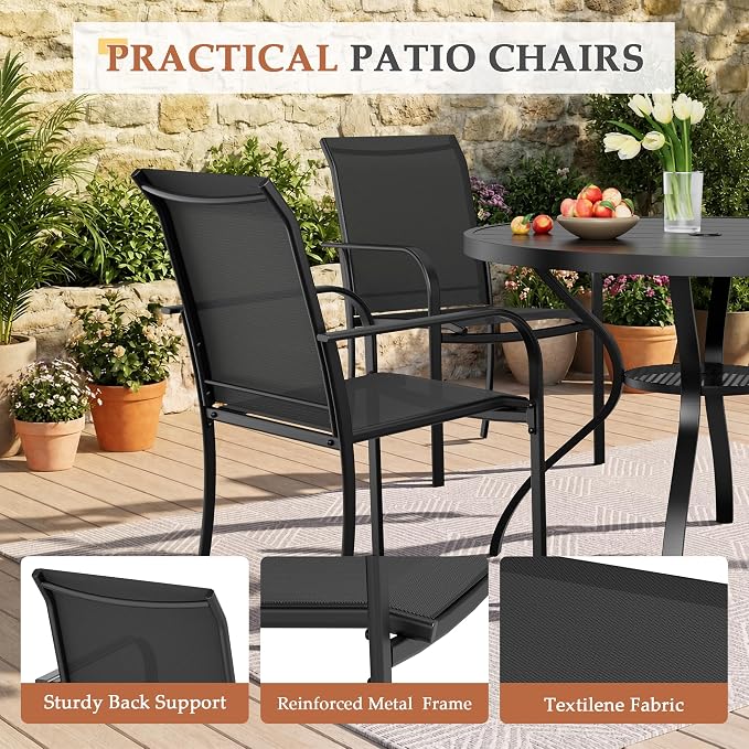 Incbruce 5 PCS Patio Dining Set, Outdoor Dining Set of 4 Textilene Chairs and 41" Round Table with Umbrella Hole for Backyard, Garden, and Poolside (Black)