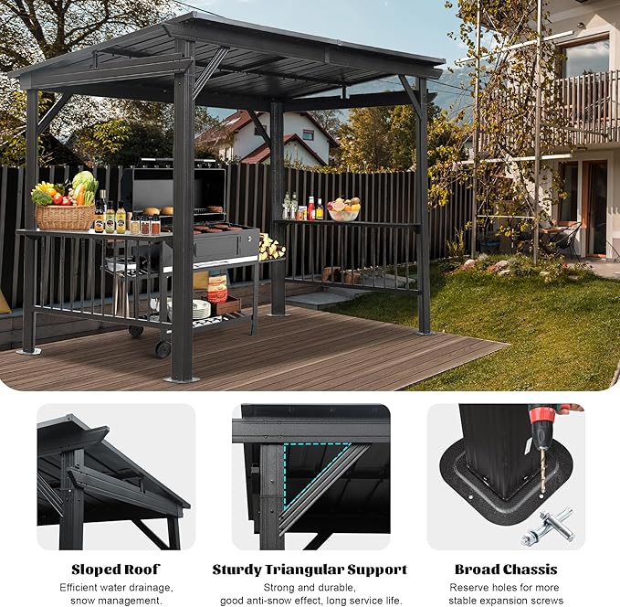 Domi 6.5x12FT Hardtop Grill Gazebo, Outdoor BBQ Gazebo with 2 Side Shelves and Sloping Galvanized Steel Roof, Metal Permanent Grill Canopy with Ceiling Hooks for Patio, Lawn, Backyard, Deck, Gray