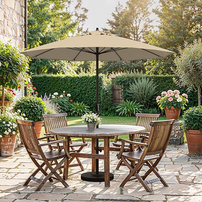 California Umbrella 10-Year Protection 7.5 Ft Outdoor Patio Umbrella, Pacifica Fade-Resistant Fabric, Auto-Tilt, Heavy Duty Aluminum Frame, 8 Reinforced Ribs for Pool or Deck, Bronze Pole, Beige