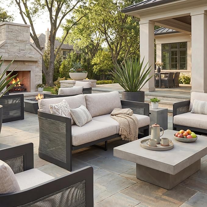 Christopher Knight Home Norhill Patio Sofa Set, 3 Pieces Outdoor Seating Set, Aluminum Patio Furniture Set with Two Club Chairs and Loveseat, Conversation Set for Patio Garden Poolside, Beige + Black