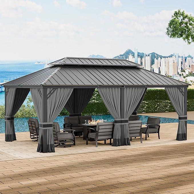12' x 20' Hardtop Gazebo,Outdoor Permanent Pavilion Double Galvanized Steel Roof Pergola with Nettings and Curtains,Patio Sunshade Gazebos for Patio Lawns Backyard Deck,Grey
