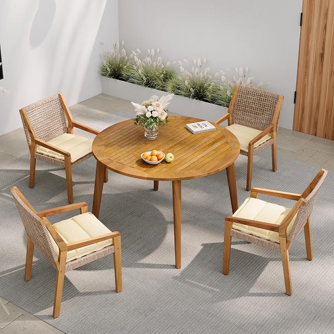 VilroCaz Modern 5-Piece Outdoor Dining Set, Acacia Wood Round Table & 4 Wicker Armchairs with Cushions, Teak Finish, 400 lbs Chair Capacity, for Patio Garden Deck Poolside (Beige-5.19T)