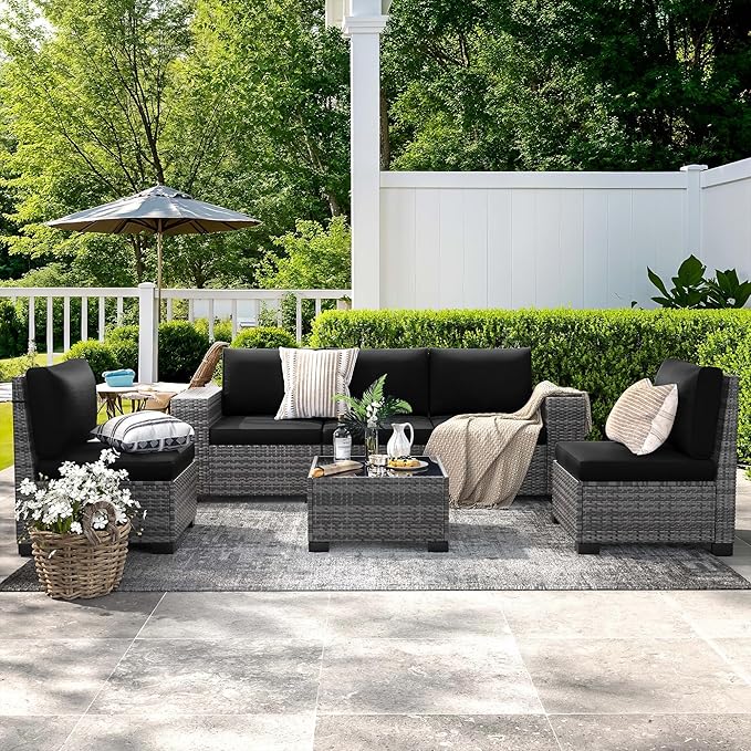 Patio Furniture Set, 6 Pieces Outdoor Sectional Sofa Conversation Sets Modern Wicker Seating Set, 4'' Thickened Cushions 1 Glass Coffee Table for Backyard Poolside, Black