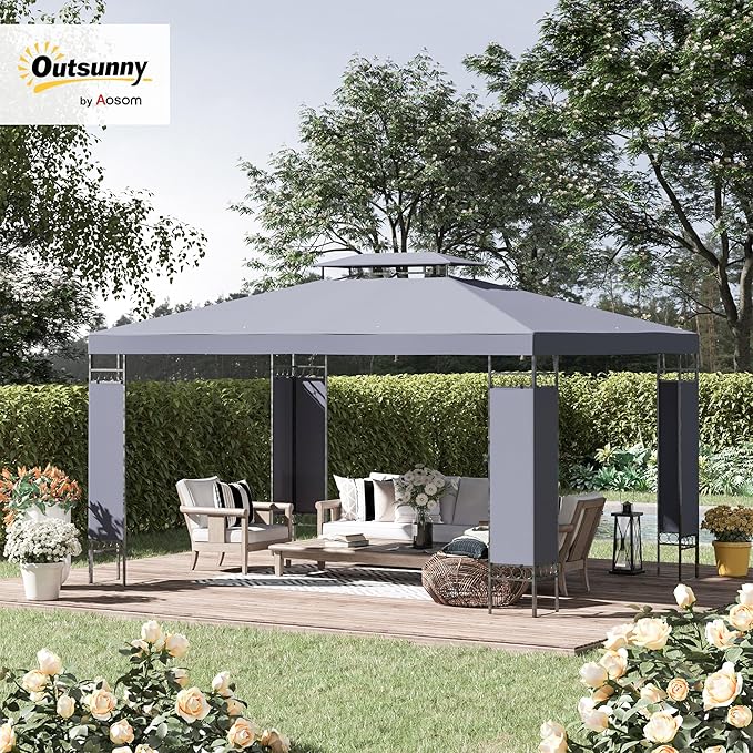 Outsunny 10' x 13' Patio Gazebo, Double Roof Outdoor Gazebo Canopy Shelter with Screen Decorate Corner Frame, for Garden, Lawn, Backyard and Deck, Gray