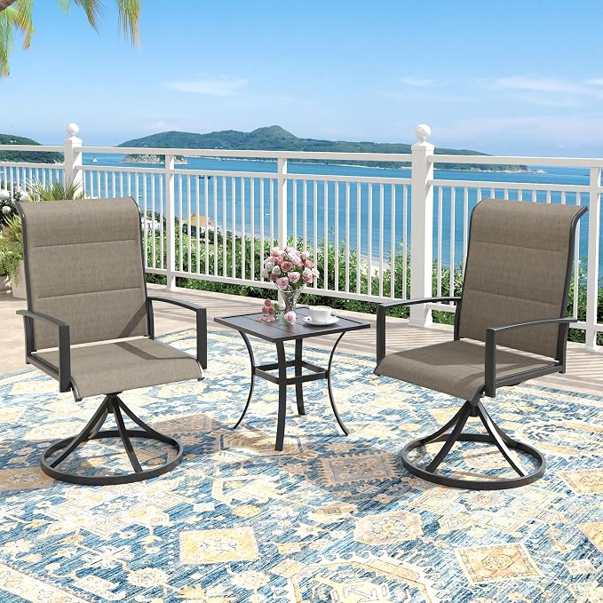 Outdoor Dining Set for 2, 18.1" Metal Square Outdoor Side Table and Padded Textilene Patio Swivel Chairs, 3 Pieces Patio Side Table and Chairs Set for Garden Backyard, Mixed Brown and Black