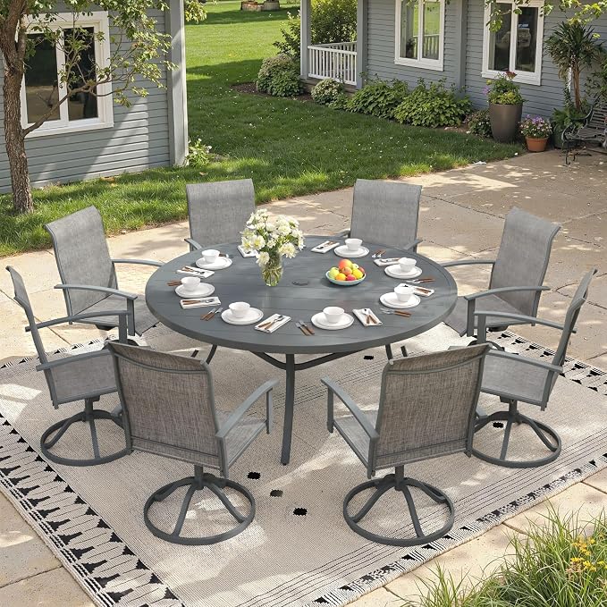 9 Pieces Round Patio Dining Set, Outdoor Furniture of 60" Round Patio Table and Patio Swivel Chairs for Backyard Lawn Garden, Dark Grey Table and Grey Chairs
