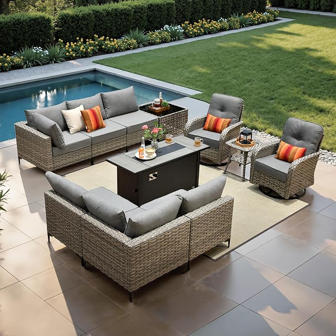 11 Pcs Patio Furniture with Fire Pit Table, Outdoor Rattan Wicker Conversation Set with Glowing Coffee Table, Comfy Sectional Sofa for Porch Balcony Backyard Pool, Grey