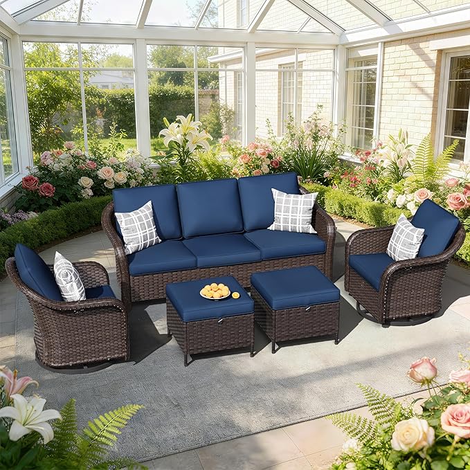 5 PCS Outdoor Conversation Set | 78" Couch, 2 Swivel Chairs, 2 Ottomans, Patio Wicker Conversation Furniture with Removable Cushions for Bistro, Deck, Sunroom (Navy Blue)