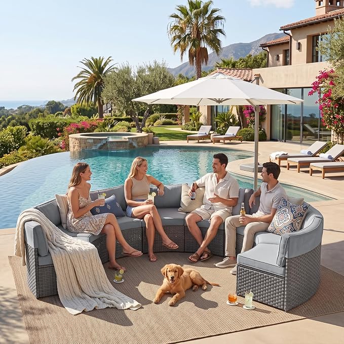 ABCASA Outdoor Patio Furniture Set, 10 Pieces Half-Moon Curved Outdoor Sectional Sofa and Side Table Waterproof Cover, Wicker Rattan Patio Coversation Set for Porch,Backyard(Grey)