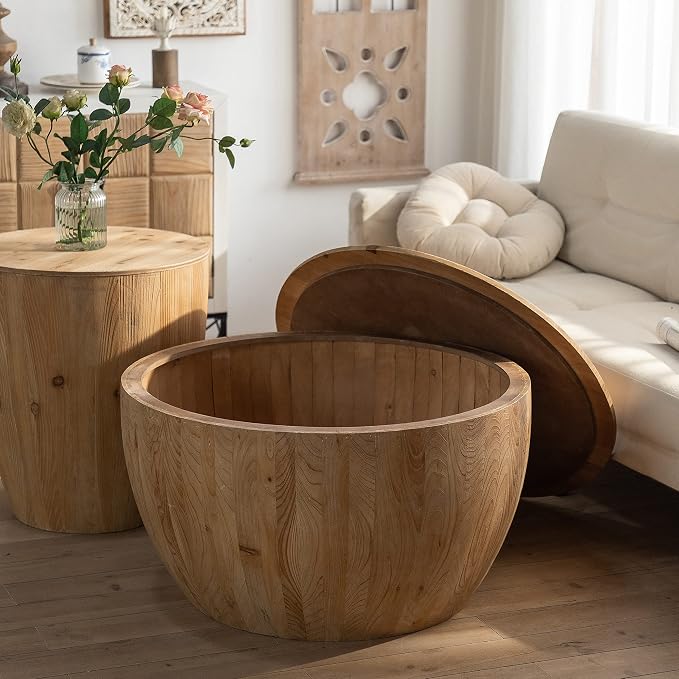 Vintage Drum Coffee Table Set, Wood Round Coffee Table Set of 2, Drum Side Table End Table Bucket Shaped Coffee Tables for Living Room Dining Room, No Need Assembly (Set of 2)