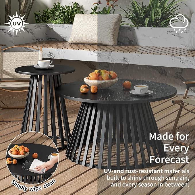 Round Small Outdoor Coffee Table, 15.6 Inch Metal Steel Patio Side Table, Patio Furniture Accent Bistro End Table, for Garden, Pool, Yard, Balcony, Living Room, Deck, Weather Resistant, Black