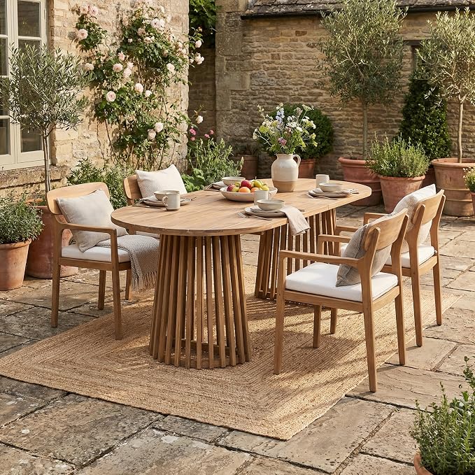 Christopher Knight Home Zoa Acacia Wood Dining Set for 4, Outdoor Dining Table with Dual Slatted Pedestal Bases, Outdoor Dining Chairs with Cushions, 5 Piece Patio Dinner Set, Beige/Light Teak/Brown