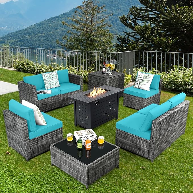 Tangkula 9 Pieces Patio Rattan Furniture Set, Patiojoy Sectional Sofa Set w/Storage Box, Coffee Table, Outdoor Wicker Conversation Set w/ 42” ETL Approved Propane Fire Pit Table (Turquoise)