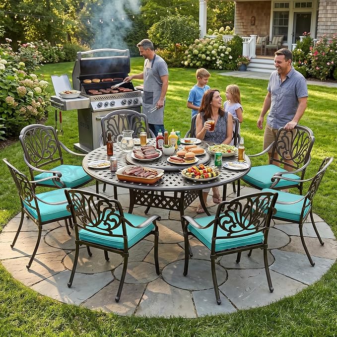 MEETWARM 9-Piece Outdoor Furniture Dining Set, All Weather Cast Aluminum Patio Garden Set- 8 Cushioned Chairs, 61" Round Patio Dining Table with Detachable Lazy Susan, 2" Umbrella Hole, Ocean Blue