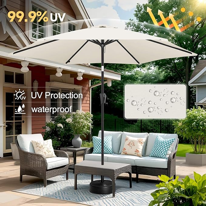 FLAME&SHADE 10ft Patio Umbrella - Outdoor Umbrella with 6 Sturdy Ribs, Push Button Tilt and Crank, UV Protection Table Market Umbrella for Pool, Porch，Garden, Deck, Backyard(Ivory)