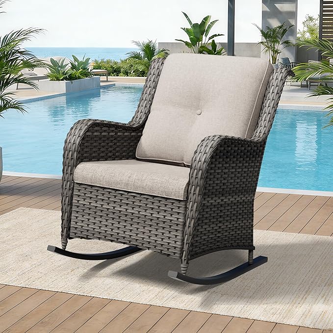Outdoor Rocking Chair, Wicker Patio Chair with Thickened Olefin Cushions, High Back and Deep Seating, Hand-Woven PE Rattan for Porch, Deck, Balcony, Beige