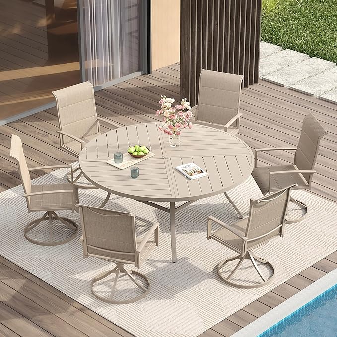 VICLLAX Patio Dining Set for 6, 6 Seats Outdoor Furniture Includes 53.1" Round Patio Table and Swivel Padded Chairs, Sandshell Color Tabletop and Fabric