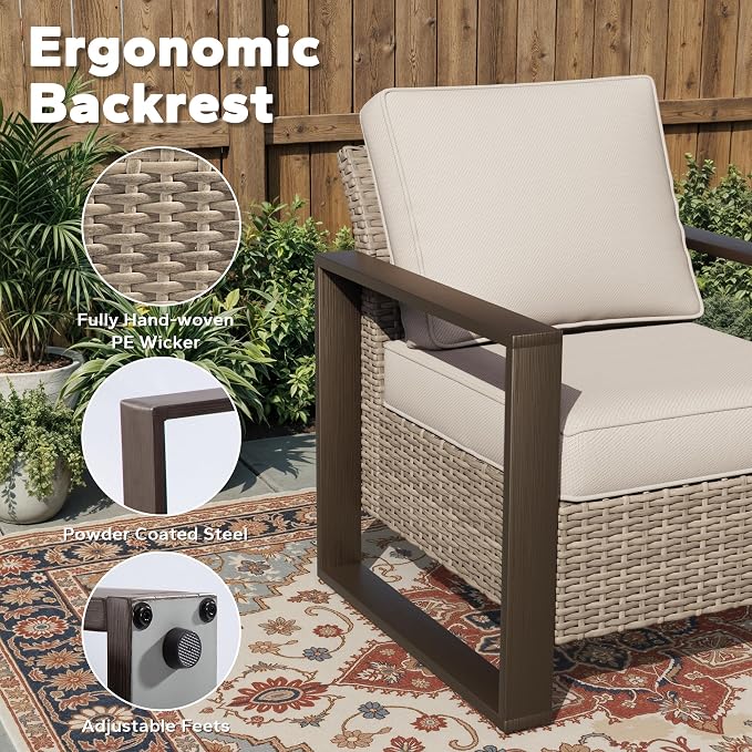 Joyside Outdoor Patio Chairs, 4 Pieces Wicker Rattan Furniture Set, 2 Patio Chairs, 2 Ottoman and 1 Table, Metal Wide Armrest, Thick Cushions and Deep Seating for Garden, Backyard, Porch, Deck