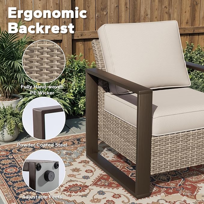 Joyside Outdoor Patio Chairs, 5 Pieces Wicker Rattan Furniture Set, 2 Patio Chairs, 1 Sofa and 2 Ottoman, Metal Wide Armrest, Thick Cushions and Deep Seating for Garden, Backyard, Porch, Deck
