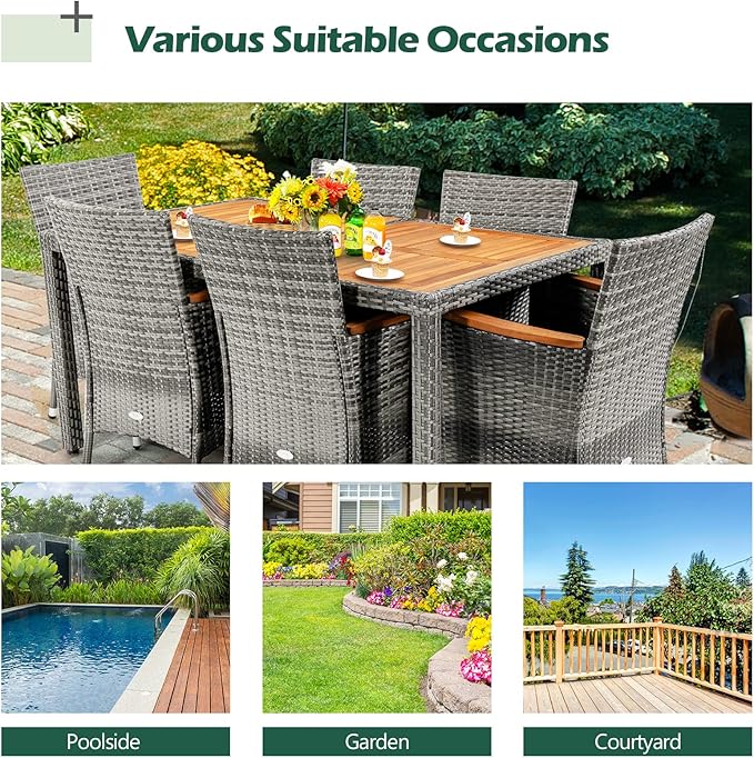 COSTWAY 7-Piece Patio Dining Set for 6, Outdoor Rattan Wicker Table and Chairs Furniture Set with Umbrella Hole, Acacia Wood Tabletop for Backyard, Balcony, Poolside, Grey & Beige
