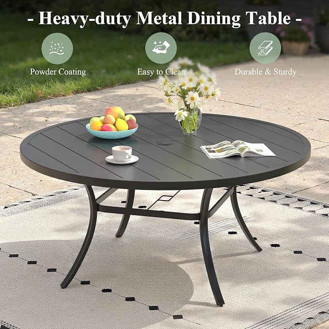 7 Pieces Patio Dining Set, 6 Outdoor Swivel Dining Chairs with 50" Round Metal Outdoor Dining Table with Umbrella Hole for Garden Backyard Deck, Dark Blue & Black