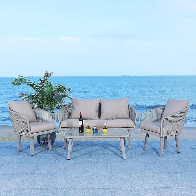 Safavieh Outdoor Collection Jorda Wicker Cushion 4-Piece Rope Patio Backyard Living Set PAT7518C, Grey/Grey