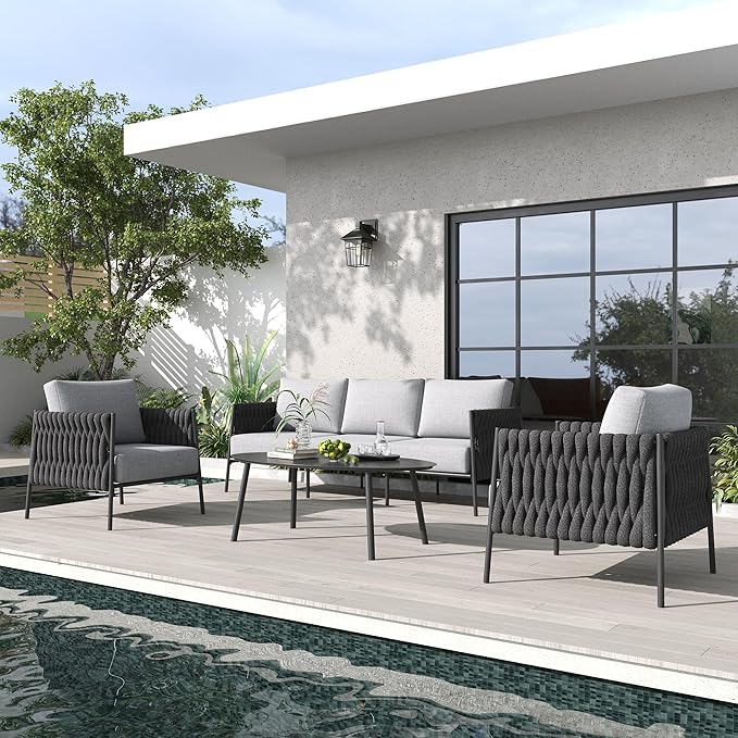 LayinSun 4 Piece Outdoor Furniture Set with Coffee Table, Modern Rope Woven Patio Conversation Sofa Set with Olefin Braid and Deep Seating