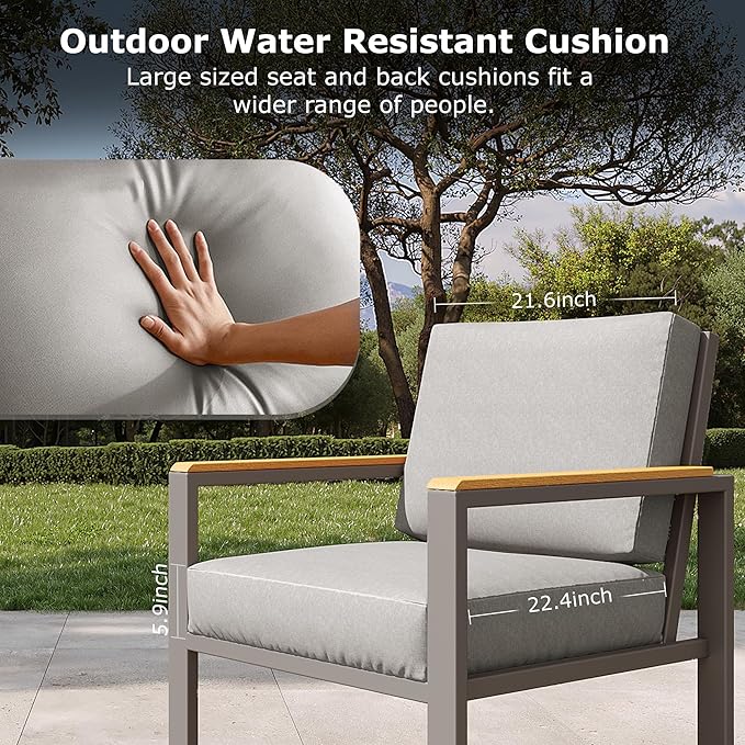 5-Piece Patio Furniture Set with 28” Propane Fire Pit Table, Heavy-Duty Metal Outdoor Conversation Set with Deep Cushions & Wood-Like Armrests for Patio, Porch, Backyard, Garden – Grey