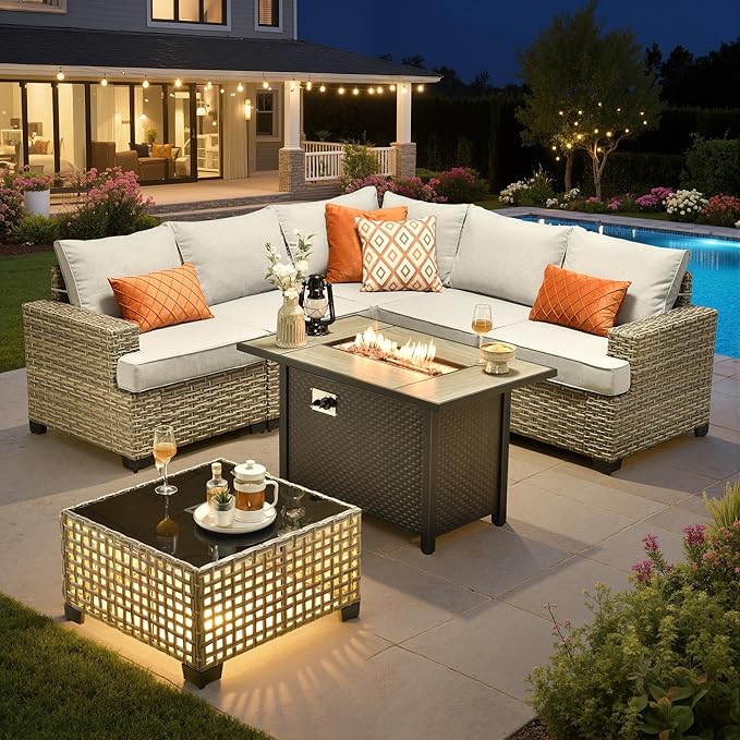 Outdoor Sectional Patio Furniture Set with Fire Pit,7 Pieces Rattan Conversation Sets,Out Door L Shaped Furniture with Glowing Coffee Table,Light Grey