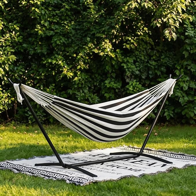 Double Hammock with Steel Stand - 2 Person Hammock Bed Indoor Outdoor, Brazilian-Style, with Carry Bag, 450lb Capacity, Portable & Easy Assembly, Black
