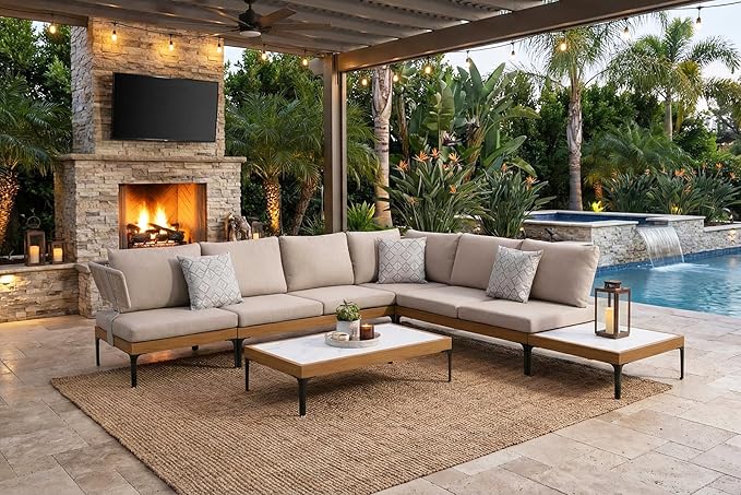 PURPLE LEAF 5 Pieces Outdoor Conversation Furniture Sets with Coffee Tables Patio Wicker Sectional Sets Aluminum L-Shaped Sofa Chairs for Balcony Yard Garden Poolside, Cushions and Pillows Included