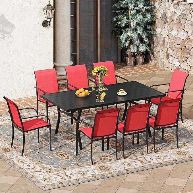 VICLLAX 9 Pieces Patio Outdoor Dining Set, 70" Outdoor Rectangular Metal Dining Table with Umbrella Hole and 8 Stackable Textilene Chairs for Lawn, Garden, Porch, Black/Red